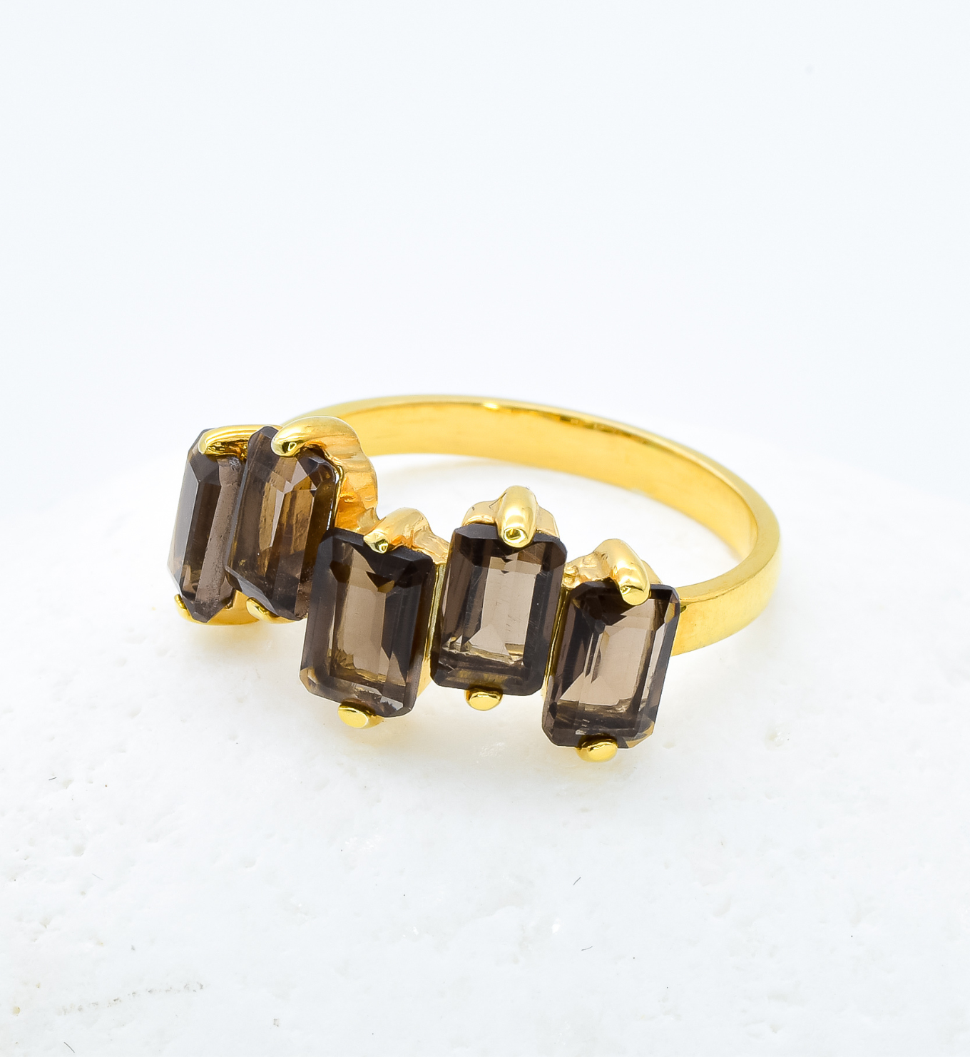 Gold Smoky Topaz Ring, Brown Baguette Ring, Brown Gemstone Ring angled view