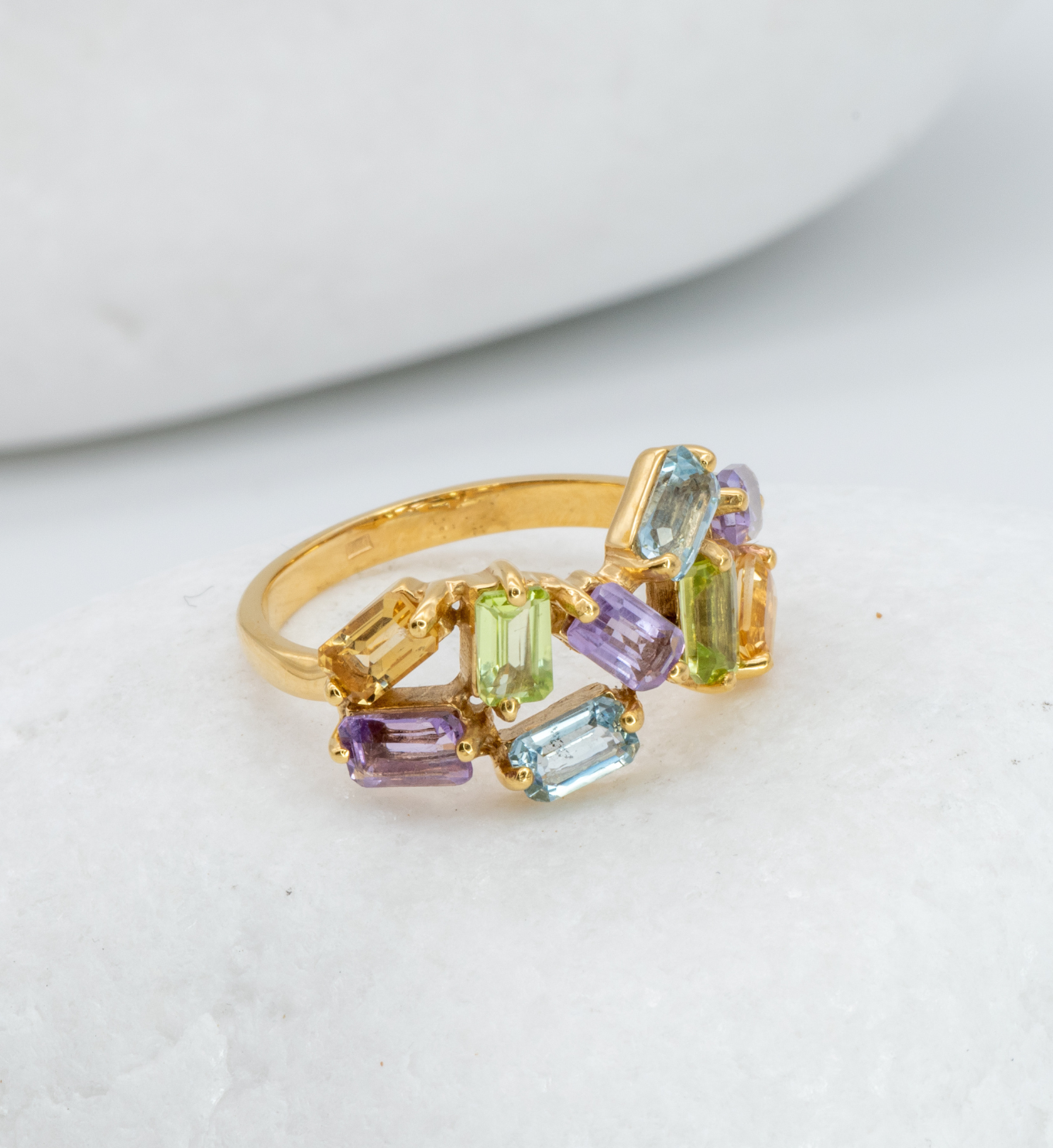 Handcrafted Multi Color Gemstone Ring in Gold Vermeil over Solid 925 Sterling Silver,  Baguette Ring set with Natural Amethyst, Natural Peridot, Natural Blue Topaz, and Natural Citrine