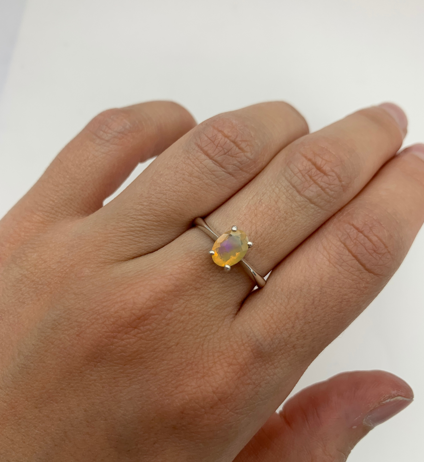Solitaire Opal Ring, Opal Wedding Band, October Birthstone Ring worn on middle finger