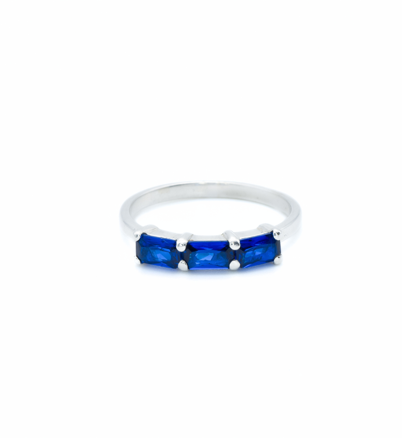 Trilogy Sapphire Ring, Horizontal Sapphire Band, Baguette Silver Ring front view