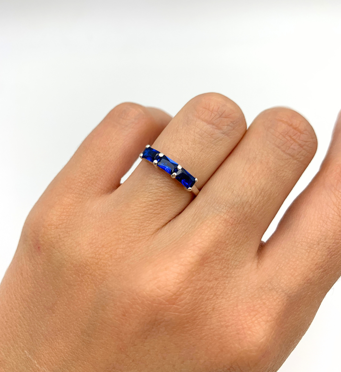 Trilogy Sapphire Ring, Horizontal Sapphire Band, Baguette Silver Ring worn on ring finger