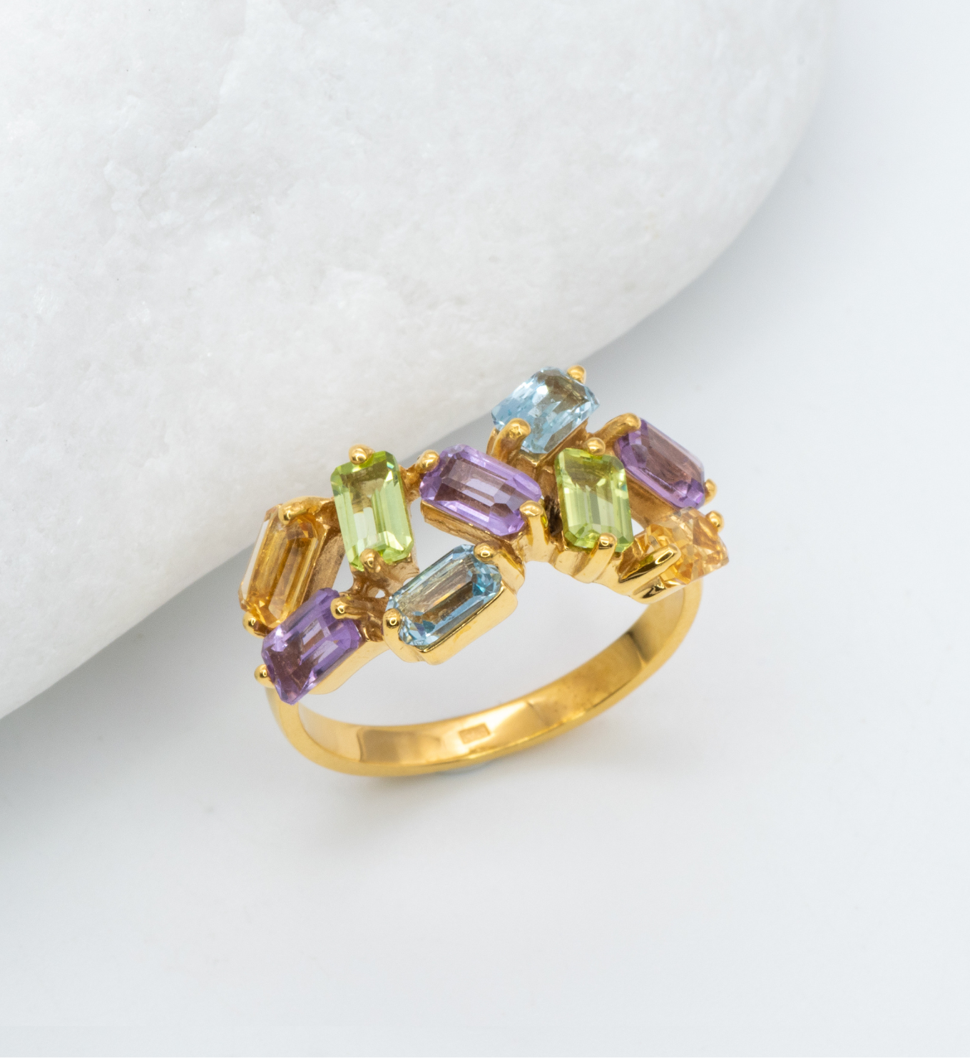 Rainbow Gemstone Baguette Ring in Gold Vermeil over Solid 925 Sterling Silver,  Baguette Ring set with Natural Amethyst, Natural Peridot, Natural Blue Topaz, and Natural Citrine