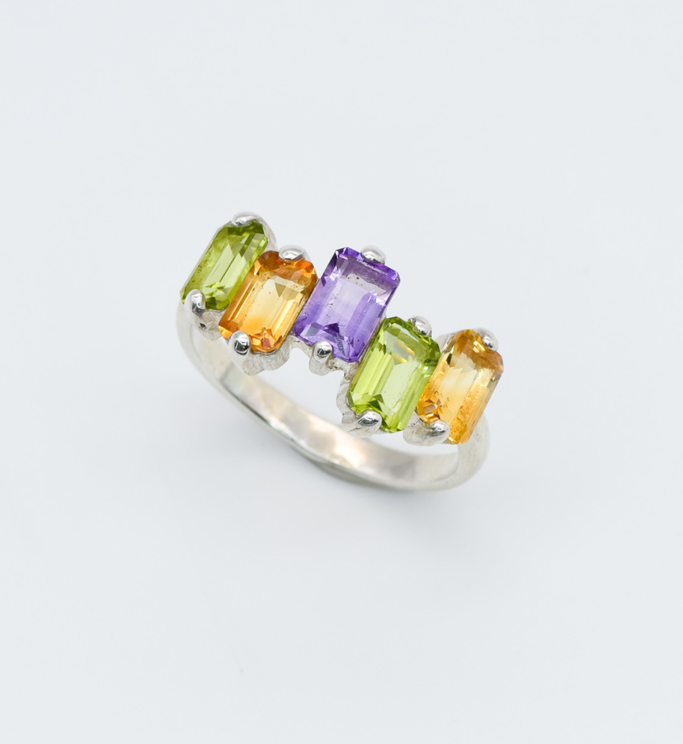 Colorful Baguette Ring, Multi Stone Ring, Silver Baguette Band