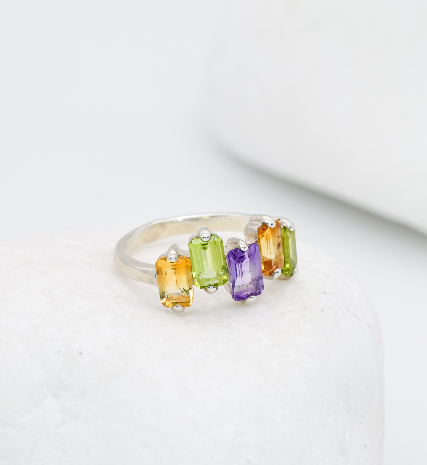 Colorful Baguette Ring, Multi Stone Ring, Silver Baguette Band