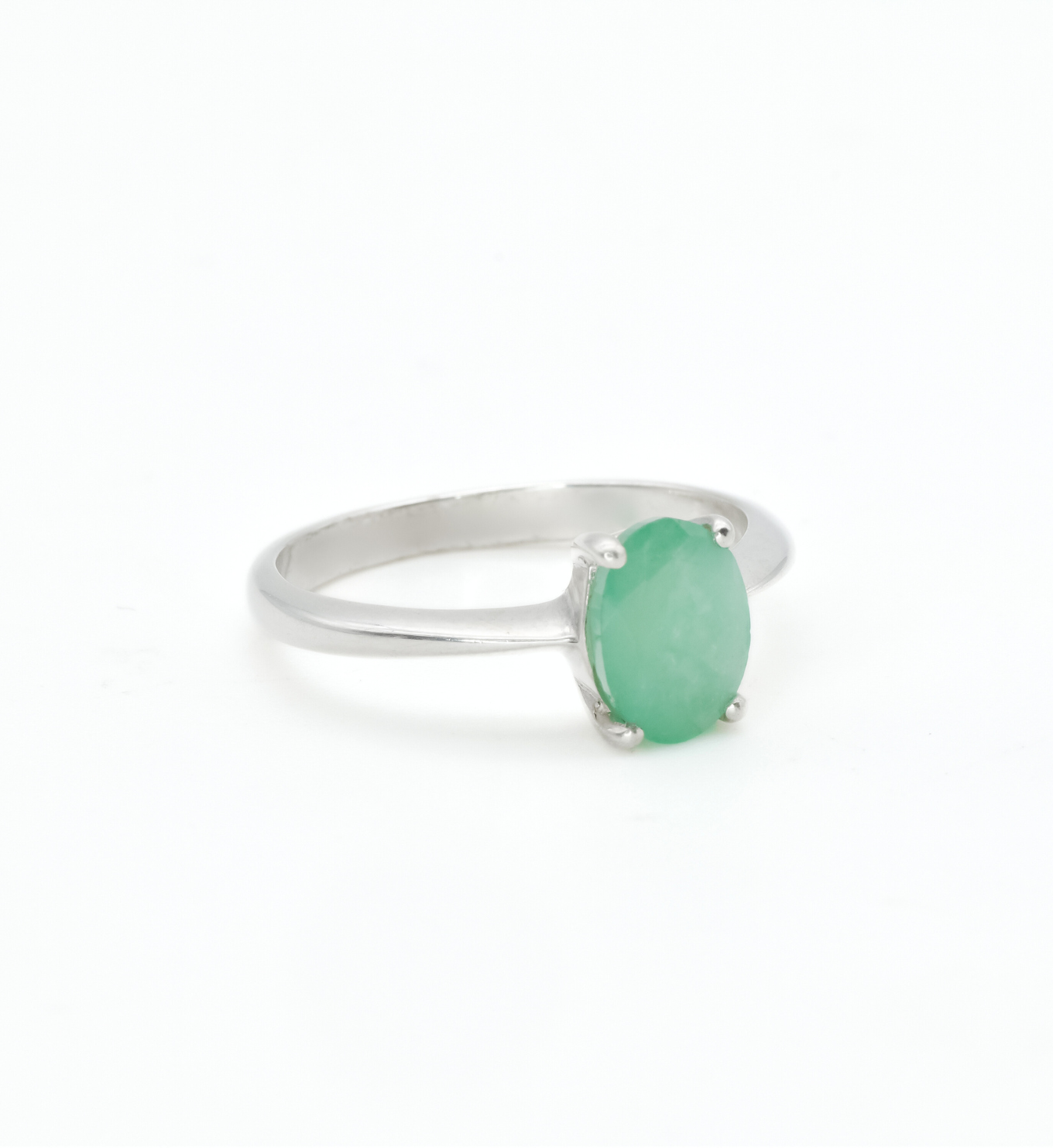 Emerald Solitaire Ring, Silver Emerald Ring, May Birthstone Ring in side setting
