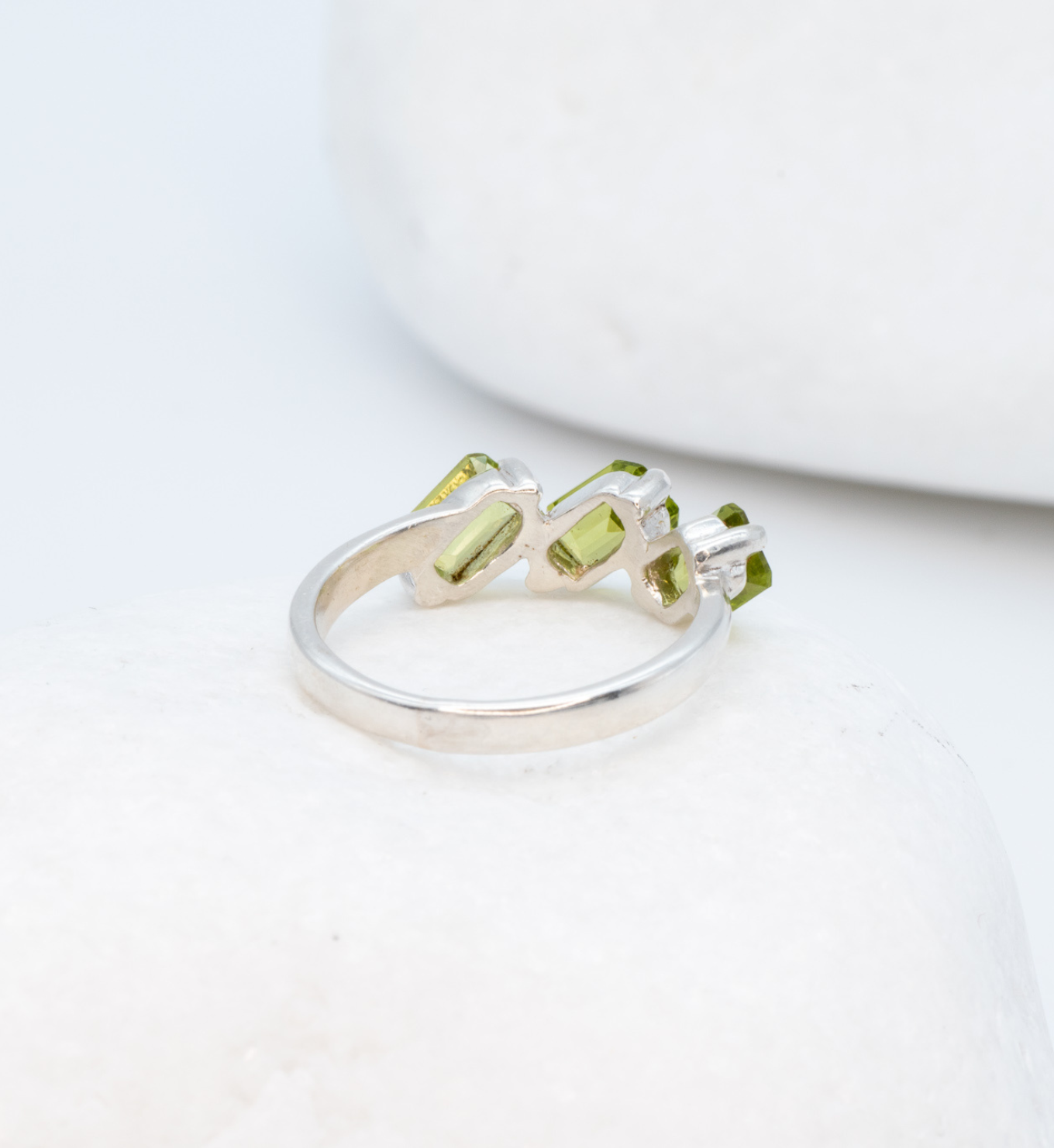 925 Sterling Silver ring with real peridot august birthstone in baguette cut and prong setting. Natural gemstone ring ideal for special occasions and personalized gift. Promotes emotional balance, joy, and clears negative energy. For abundance, healing, protection