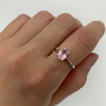 Silver Morganite Ring, Oval Morganite Ring, Pink Stone Ring worn on index finger