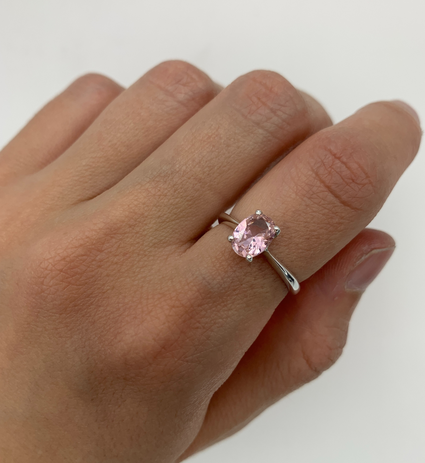 Silver Morganite Ring, Oval Morganite Ring, Pink Stone Ring worn on index finger