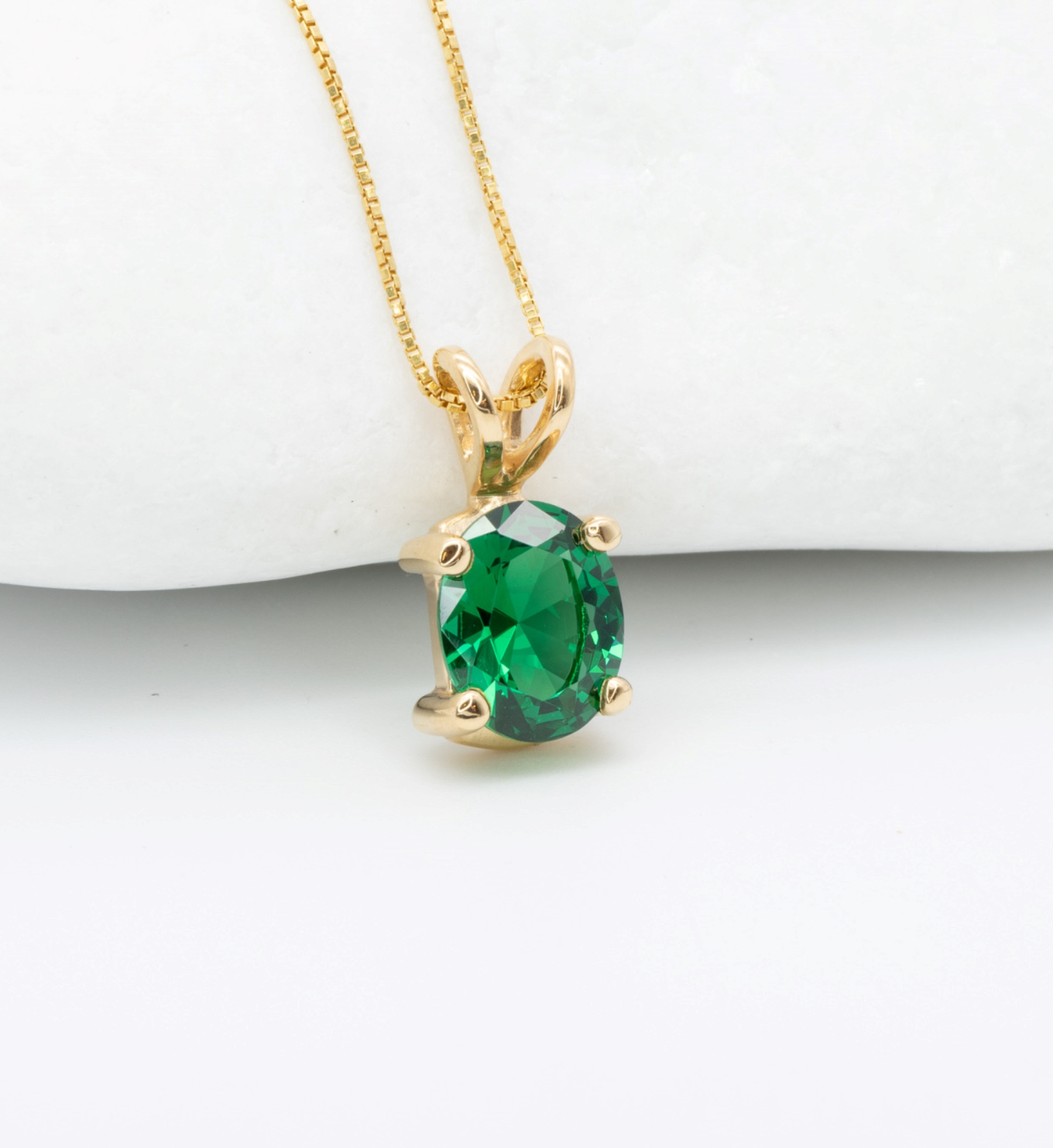 Green Emerald May birthstone Necklace crafted in 18k yellow gold over solid 925 sterling silver. Oval emerald gemstone encourages growth, harmony, and deep emotional healing. Solitaire pendant perfect anniversary present, ideal for casual and formal wear.