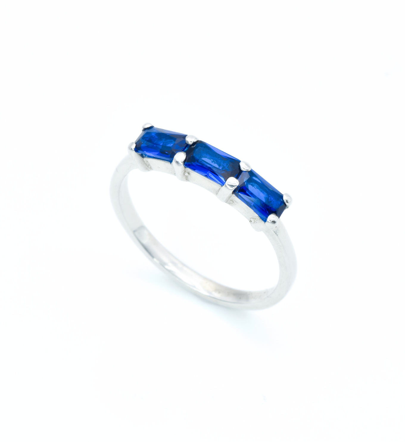 Trilogy Sapphire Ring, Horizontal Sapphire Band, Baguette Silver Ring Angled View