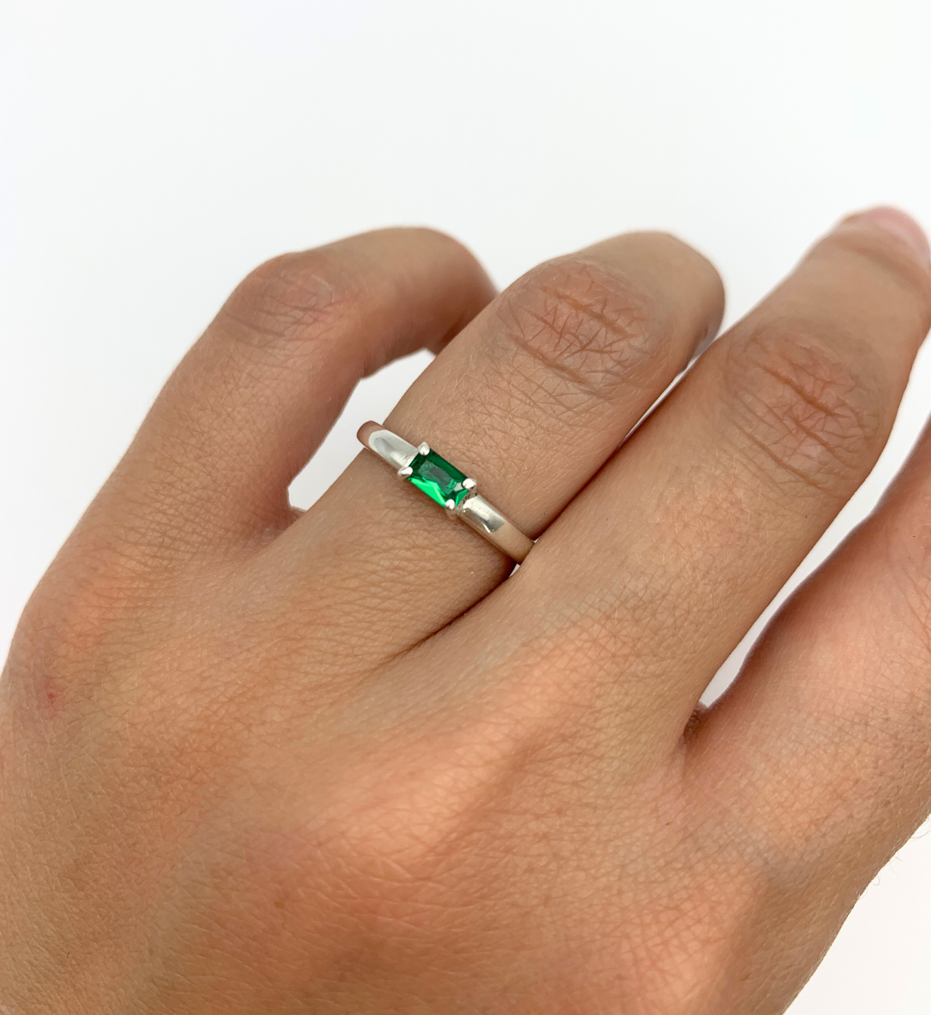 Baguette Emerald Ring, Dainty Emerald Band, May Birthstone Ring worn on ring finger