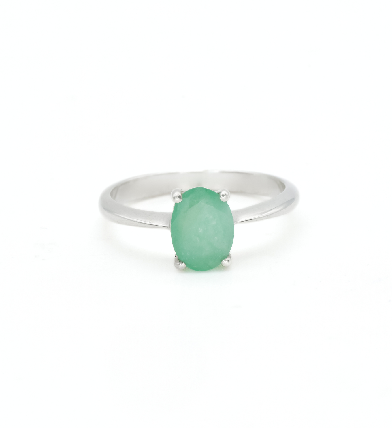 Emerald Solitaire Ring, Silver Emerald Ring, May Birthstone Ring front view