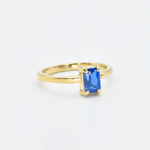 Solitaire Blue Sapphire Ring in baguette cut, set in gold vermeil over solid 925 sterling silver