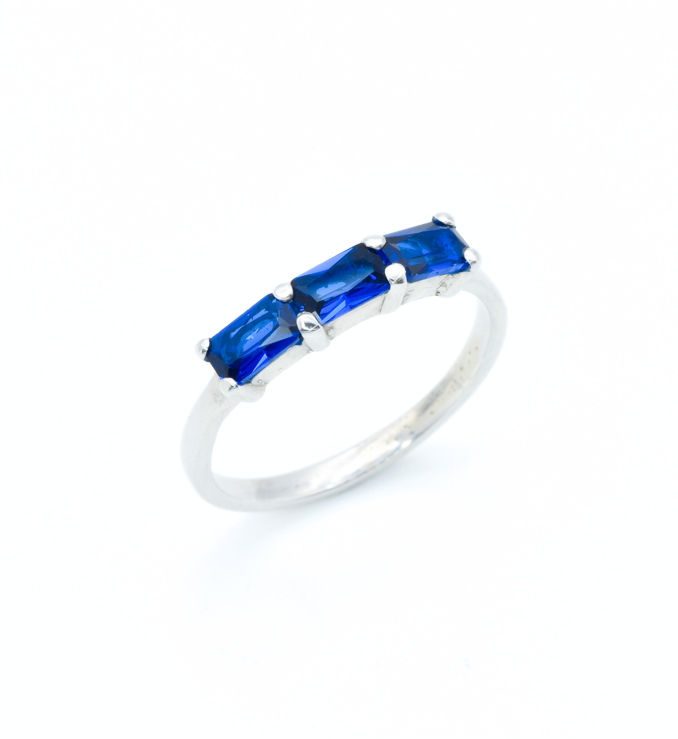 Trilogy Sapphire Ring, Horizontal Sapphire Band, Baguette Silver Ring